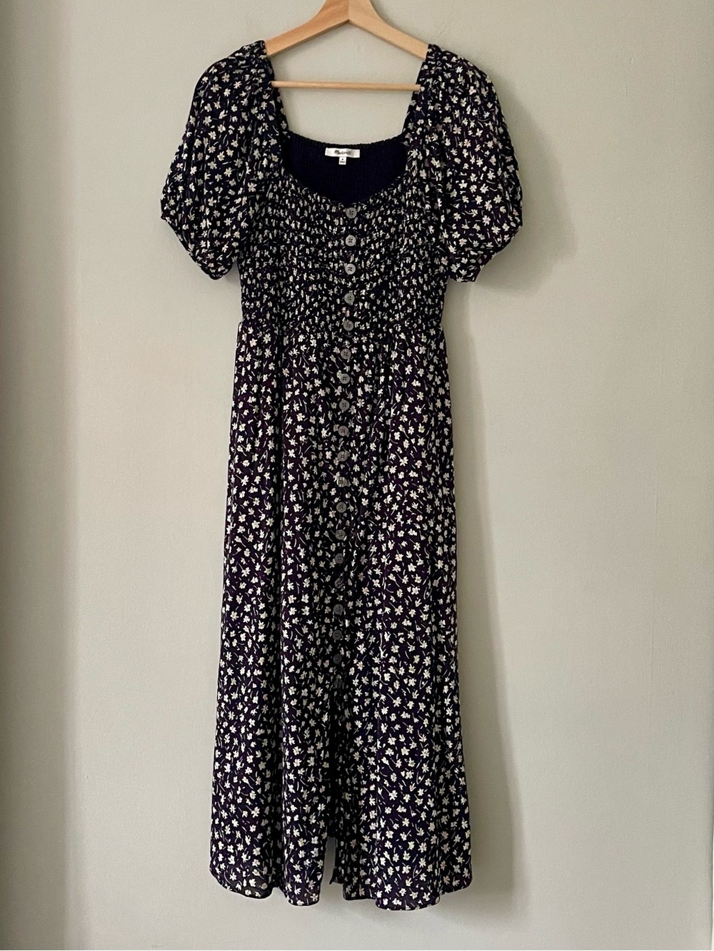 Madewell Navy Floral Smocked Midi Dress